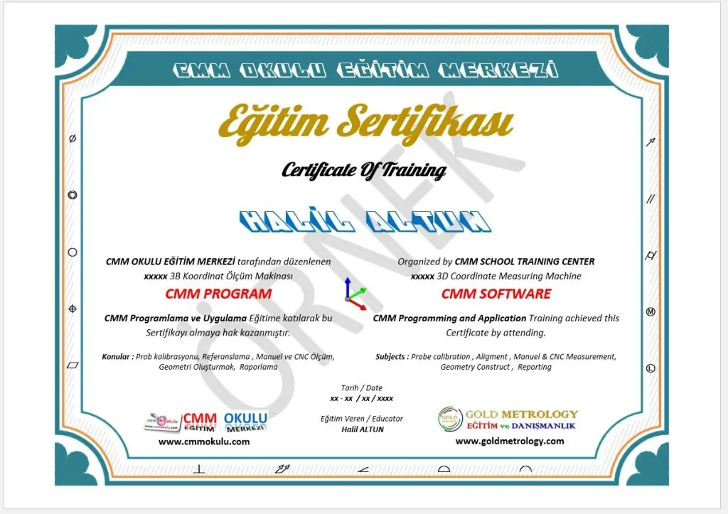 CMM Okulu Başarı Sertifikası Örneği